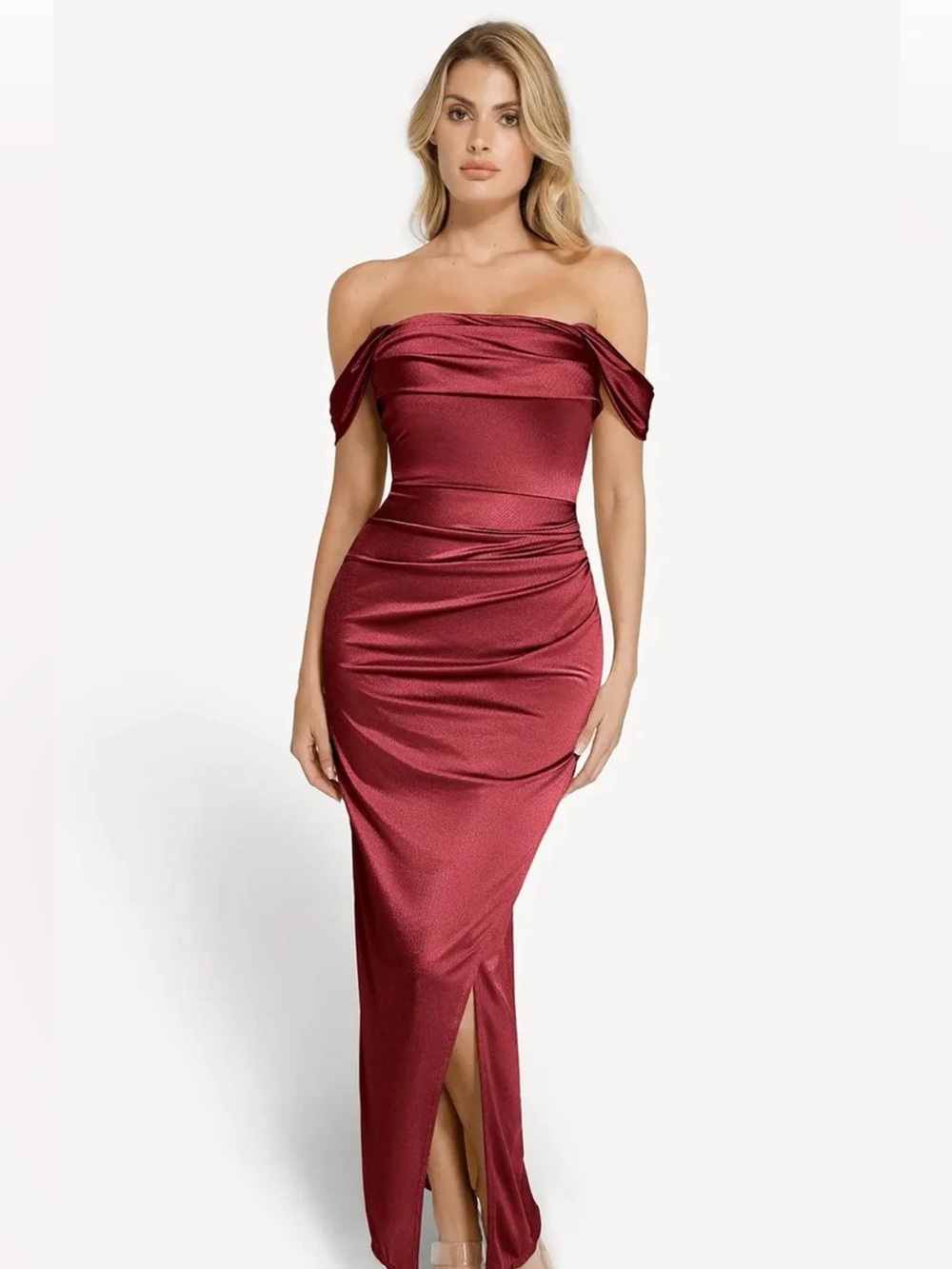 Shapewear Off Shoulder Shine Ruched Sculpting Maxi Dress